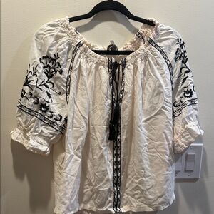 Lucky Brand White Blouse with Black Embroidery